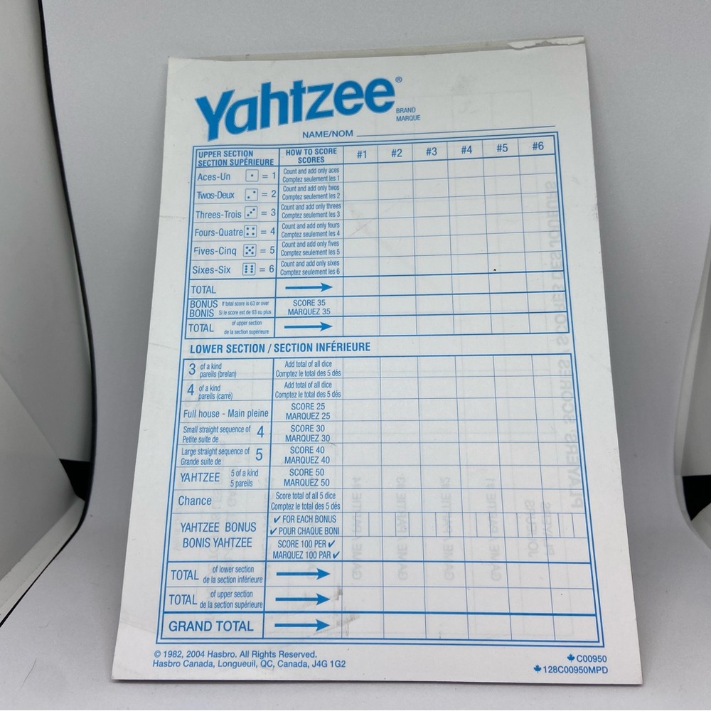 Yahtzee Score Card Pad Sheets Dice Game-One-Sided Front (17 Sheets)